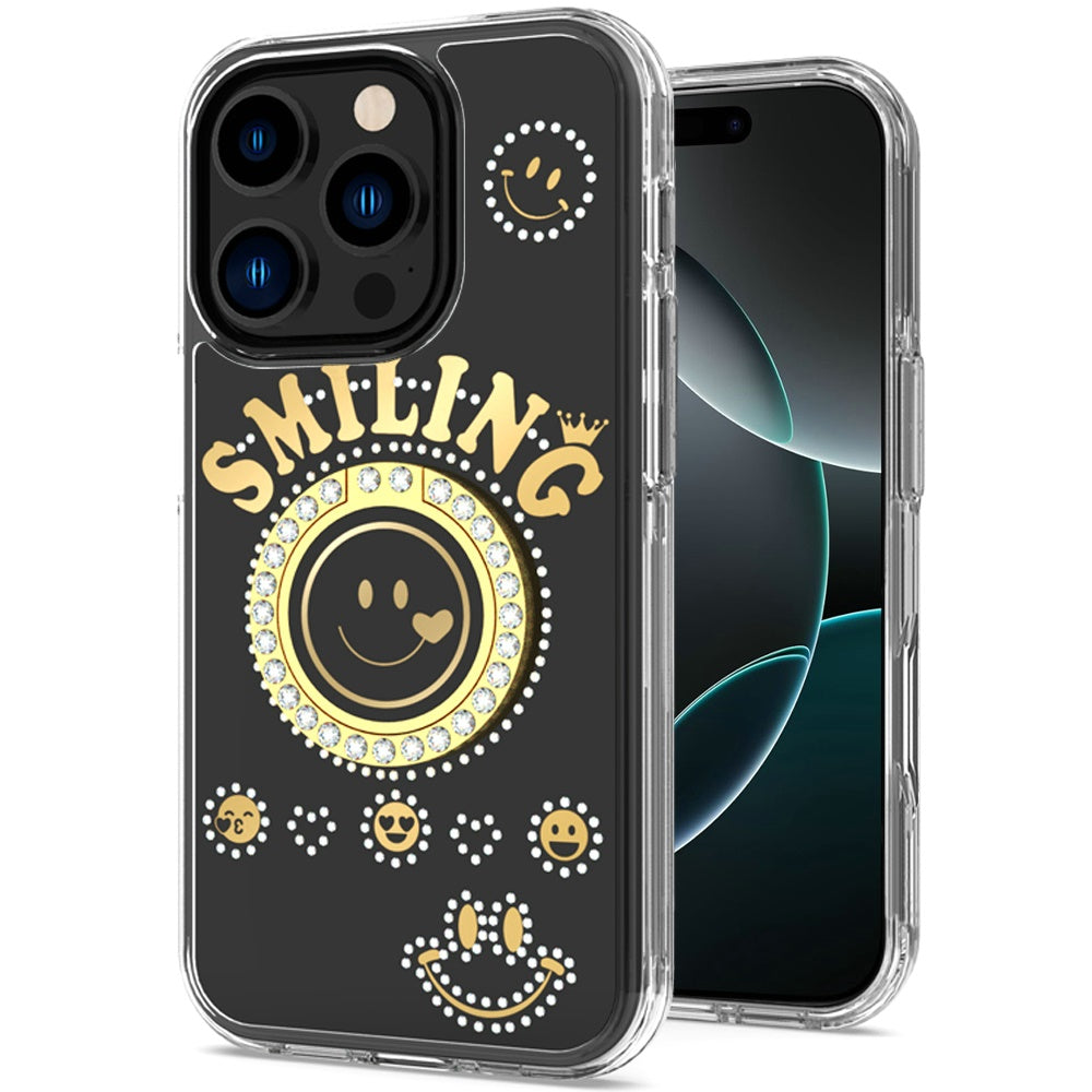 For iPhone 16 Pro 6.3in Case Bling Studs Smiling Ring Stand + Tempered Glass