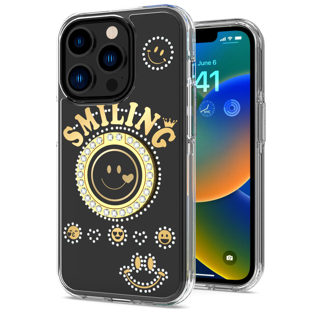 For iPhone 14 PRO Case Diamond Studs Smiling Face Bling Cover with Ring Stand