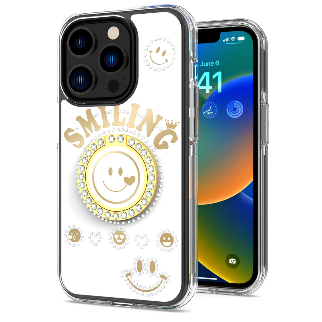 For iPhone 15 PRO Case Bling Studs Smiling Design Ring Stand + 2 Tempered Glass