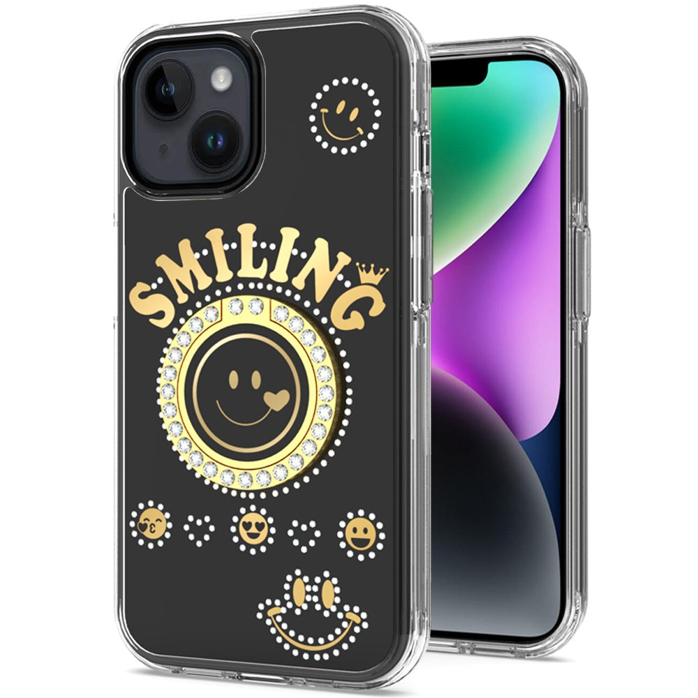 For iPhone 13/14 Case Diamond Studs Smiling Face Bling Ring + Tempered Glass