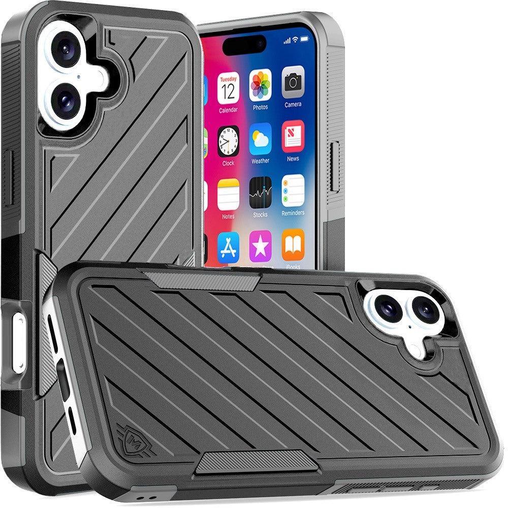 For iPhone 16 6.1inch Case Dual Layer Shockproof Lined Cover + Tempered Glass