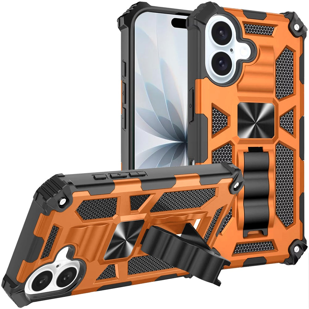 For iPhone 17 Case Shockproof Pull-out Stand with Metal Plate + Tempered Glass