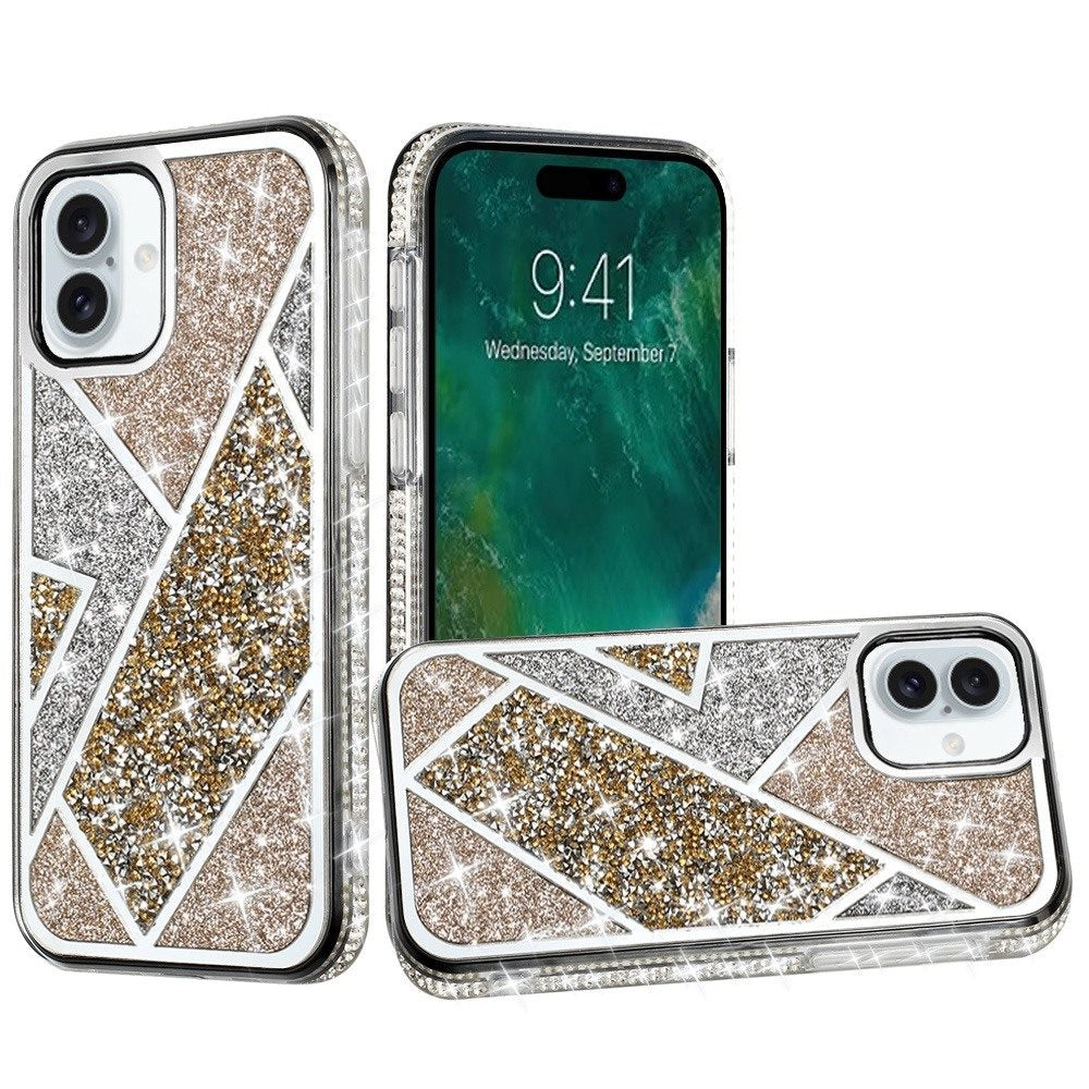For iPhone 16 6.1inch Case Rhombus Bling Glitter Diamond Cover + Tempered Glass
