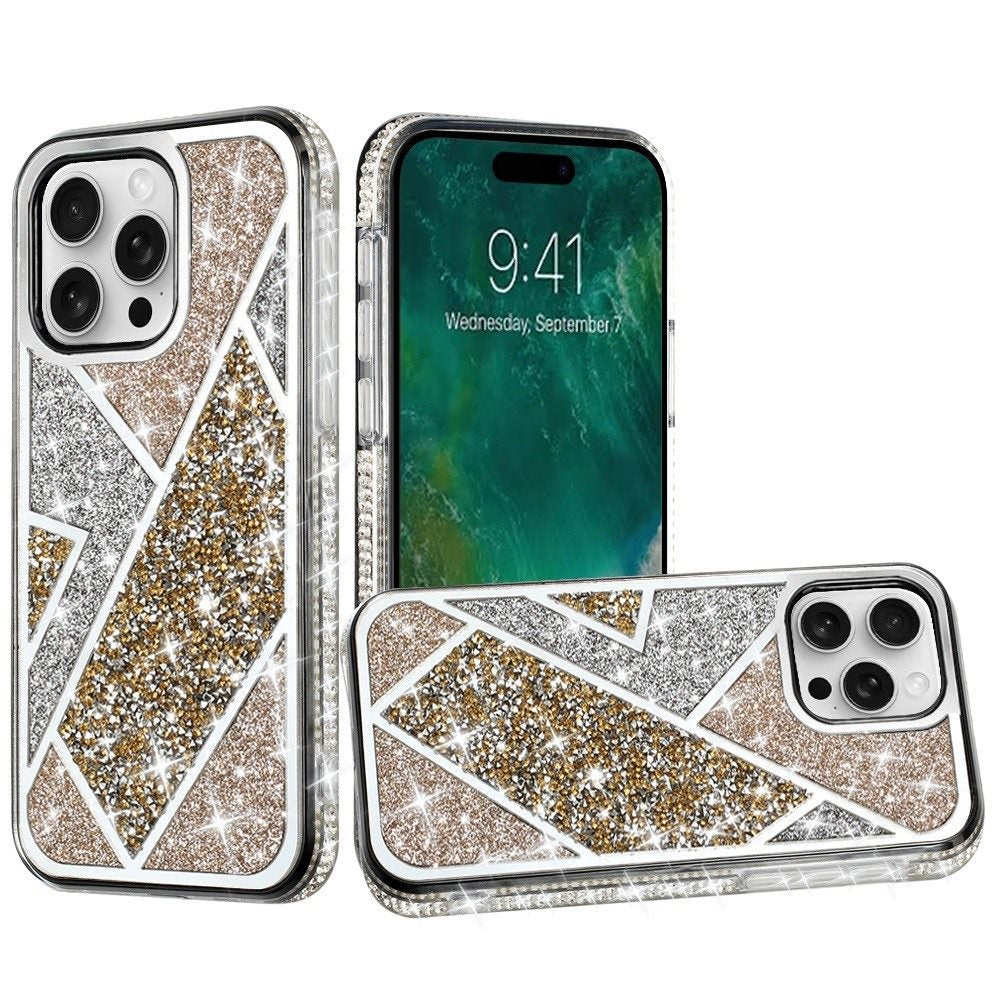 For iPhone 16 Pro 6.3in Case Rhombus Bling Glitter Diamond Cover +Tempered Glass