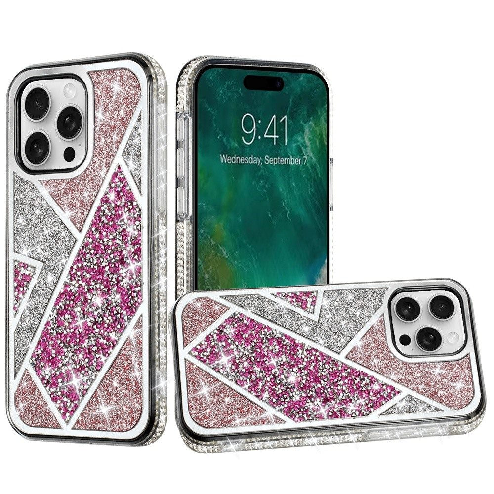 For iPhone 16 Pro 6.3in Case Rhombus Bling Glitter Diamond Cover +Tempered Glass
