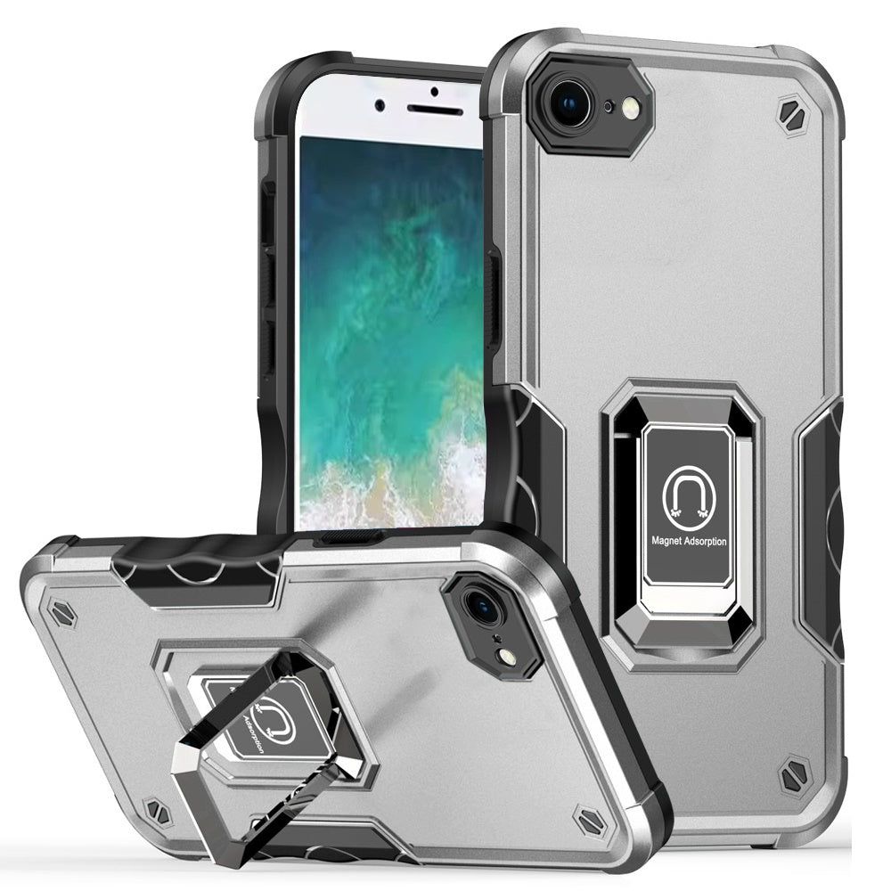 For iPhone 16e Case Grip Design Magnetic Ring Stand Phone Cover + Tempered Glass