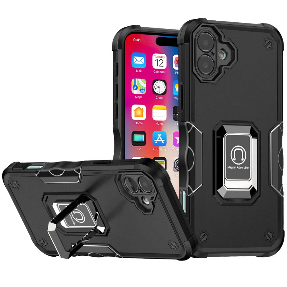 For iPhone 16 6.1inch Case Grip Design Magnetic Ring Stand Cover +Tempered Glass