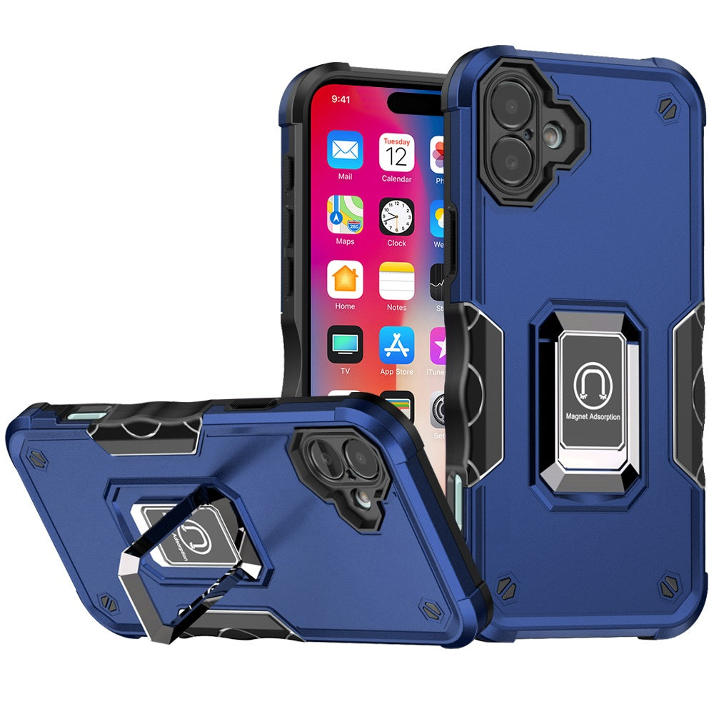 For iPhone 16 6.1inch Case Grip Design Magnetic Ring Stand Cover +Tempered Glass