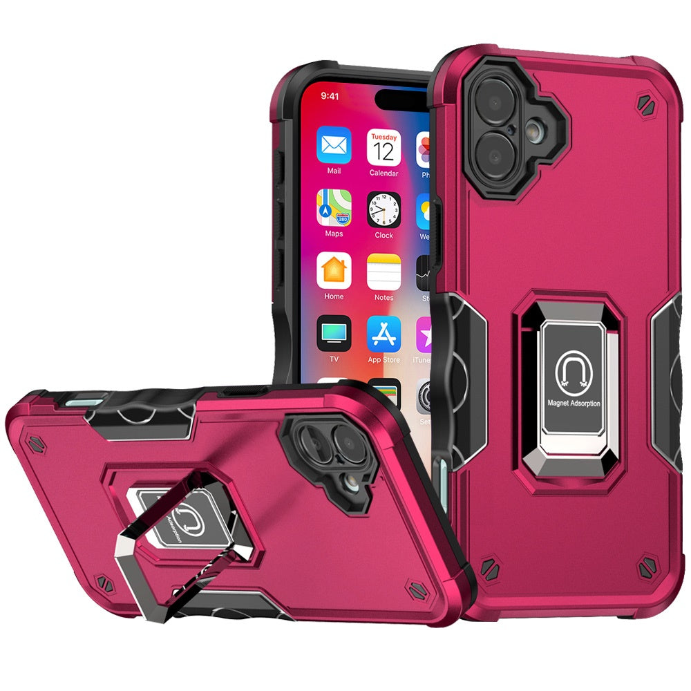 For iPhone 16 6.1inch Case Grip Design Magnetic Ring Stand Cover +Tempered Glass