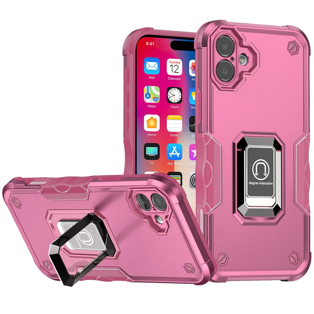 For iPhone 16 6.1inch Case Grip Design Magnetic Ring Stand Cover +Tempered Glass