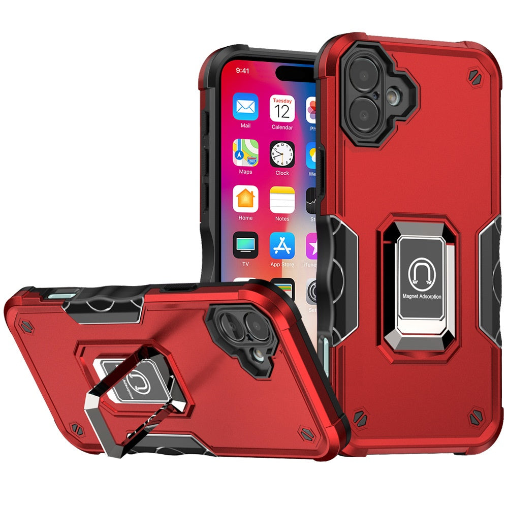For iPhone 16 6.1inch Case Grip Design Magnetic Ring Stand Cover +Tempered Glass