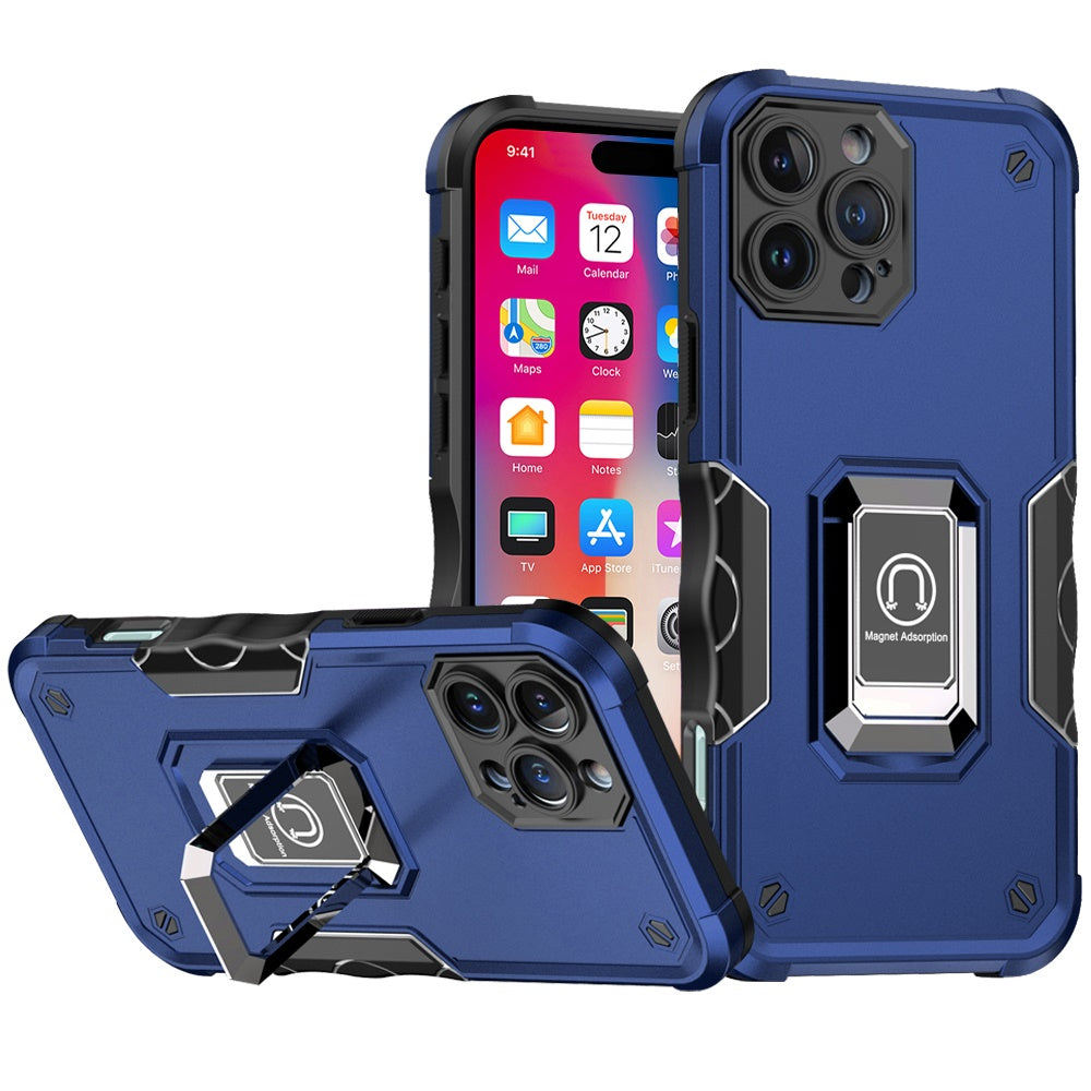For iPhone 16 Pro 6.3in Case Grip Design Magnetic Ring Stand + Tempered Glass