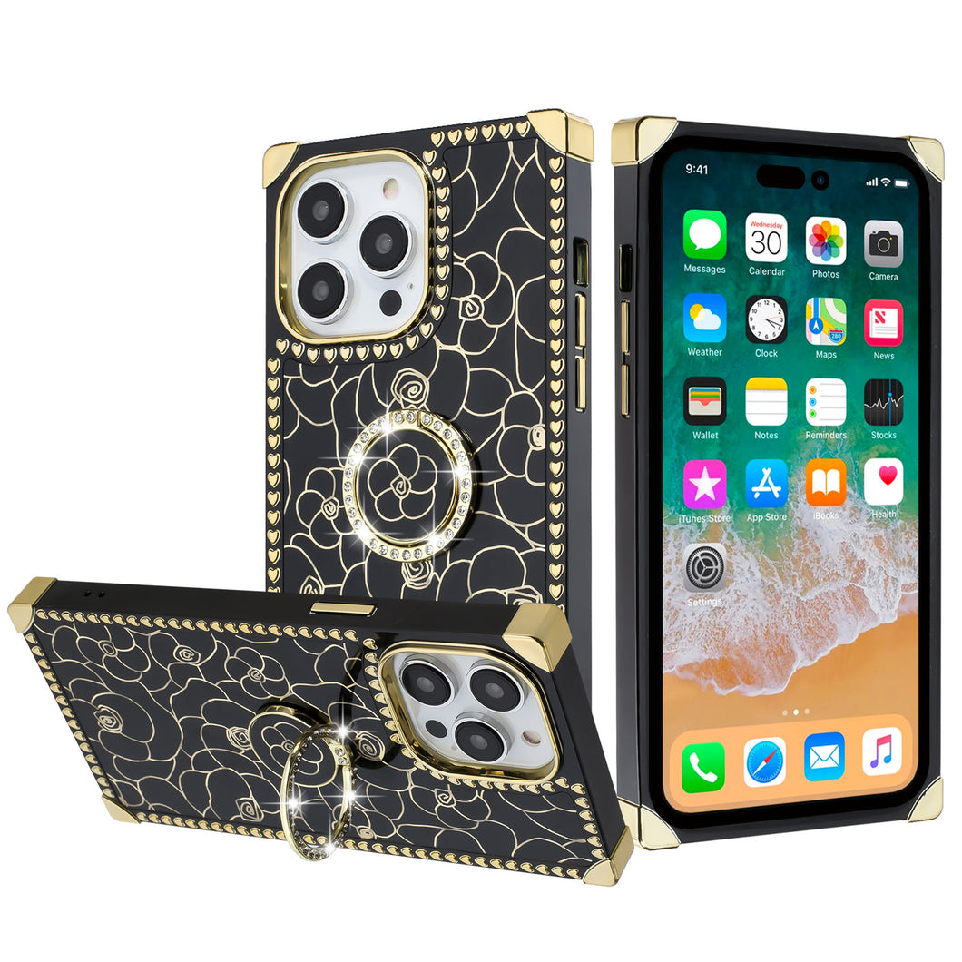 For iPhone 15 PLUS Case Bling Desing Phone Cover Ring Stand + 2 Tempered Glass