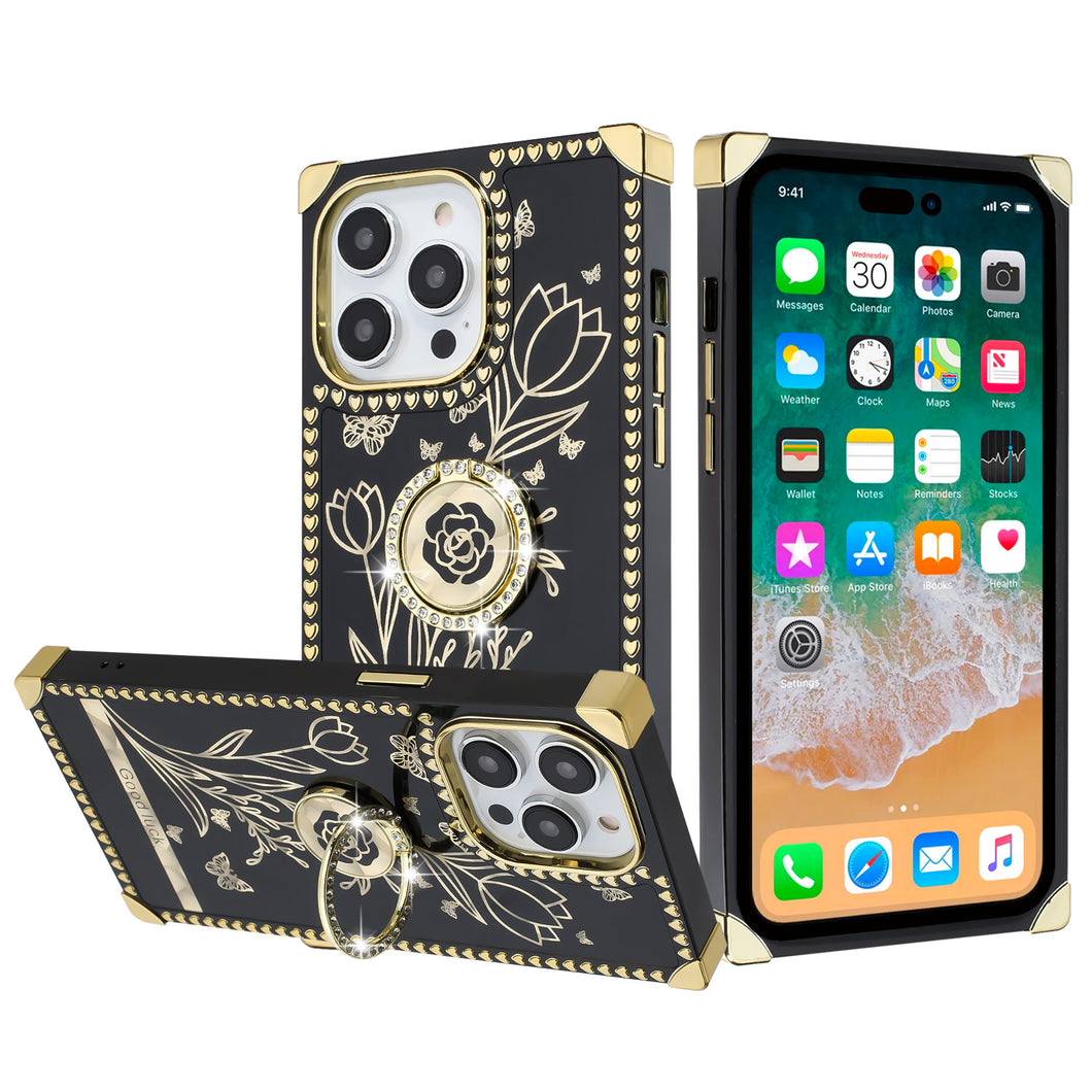 For iPhone 15 PLUS Case Bling Desing Phone Cover Ring Stand + 2 Tempered Glass