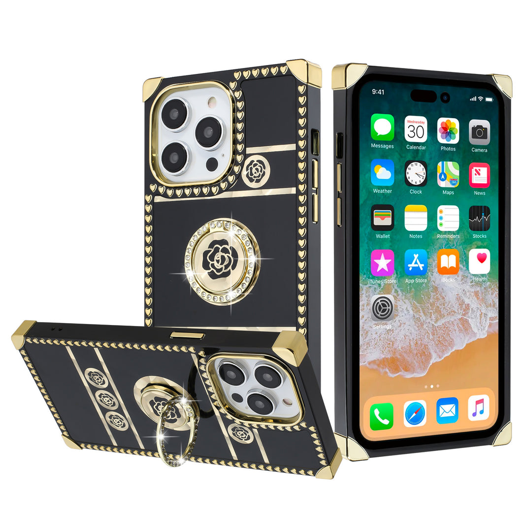 For iPhone 15 PRO Case Bling Fashion Phone Cover Ring Stand + 2 Tempered Glass