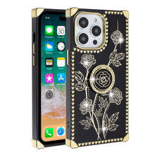 For iPhone 15 PLUS Case Bling Rose Design Cover Ring Stand + 2 Tempered Glass