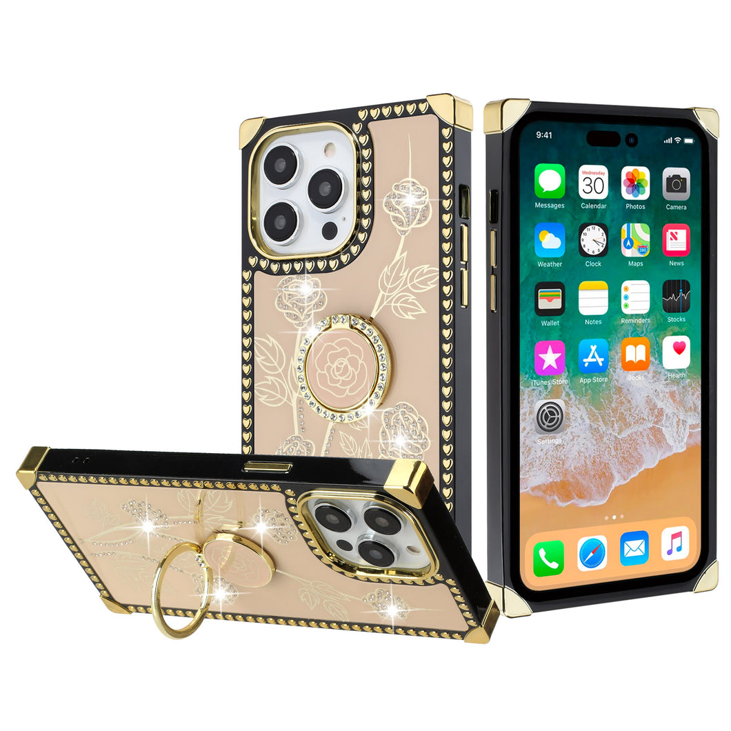 For iPhone 15 PRO Case Bling Rose Fashion Cover Ring Stand + 2 Tempered Glass