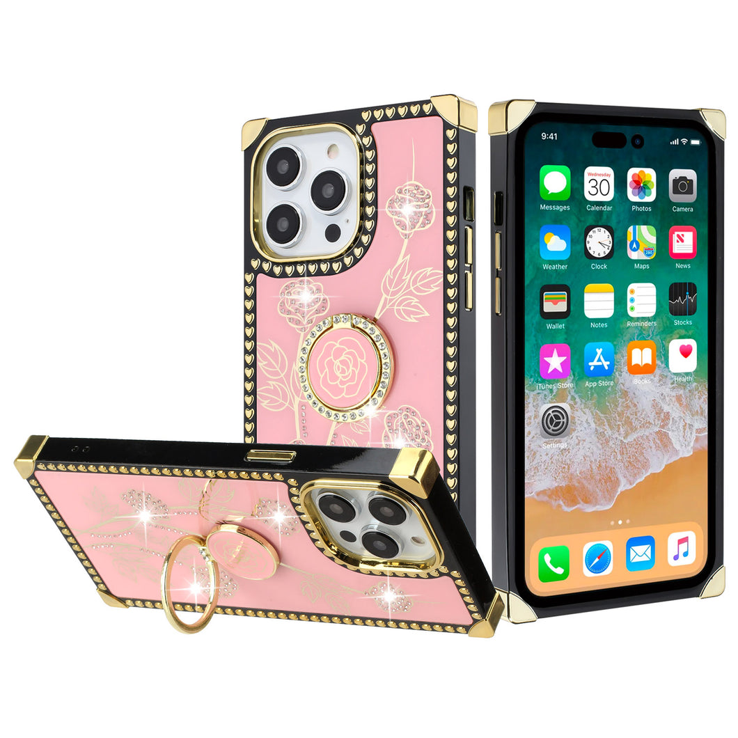 For iPhone 15 PRO Case Bling Rose Fashion Cover Ring Stand + 2 Tempered Glass