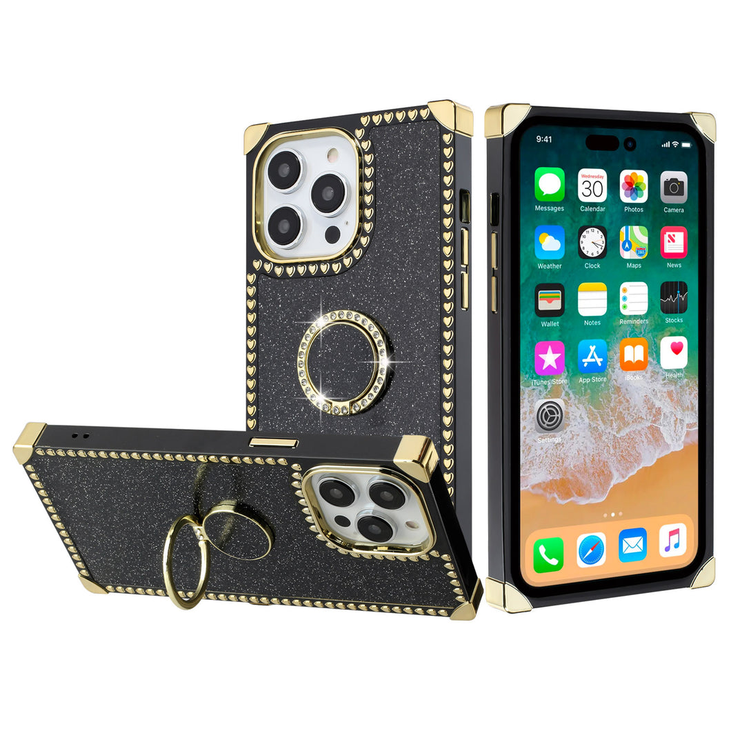 For iPhone 13 Pro Max Case Full Glitter Design Square Cover w/ Bling Ring Stand