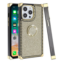 For iPhone 15 PRO Case Full Glitter Fashion Ring Stand Cover + 2 Tempered Glass