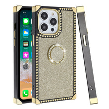 For iPhone 15 Pro Max Case Full Glitter Square RingStand +2 Screen Protectors
