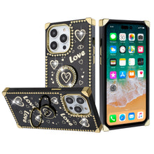 For iPhone 13 Pro Max Case Love hearts Design Square Cover with Bling Ring Stand