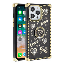 For iPhone 15 Case Love hearts Bling Phone Cover with Stand + 2 Tempered Glass