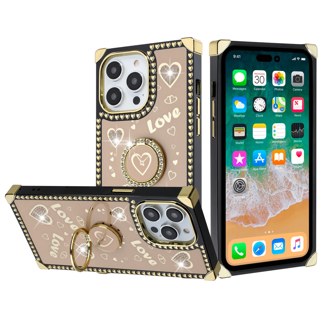 For iPhone 15 Case Love hearts Bling Phone Cover with Stand + 2 Tempered Glass