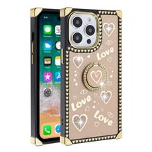 For iPhone 15 Case Love hearts Bling Phone Cover with Stand + 2 Tempered Glass