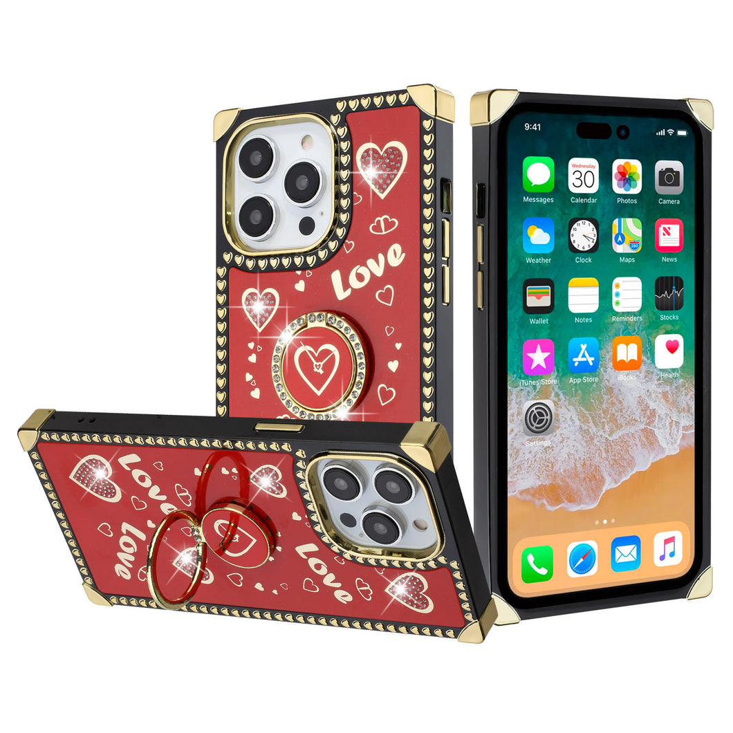 For iPhone 15 PRO Case Love hearts Phone Cover with Stand + 2 Tempered Glass