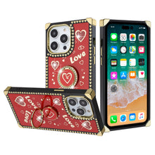 For iPhone 15 Case Love hearts Bling Phone Cover with Stand + 2 Tempered Glass