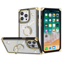 For iPhone 13 Pro Max Case Love hearts Design Square Cover with Bling Ring Stand