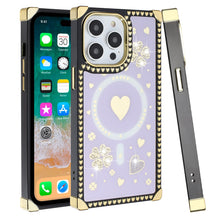 For iPhone 13 Pro Max Case Magnetic Ring Heart Studded Bling Square Cover
