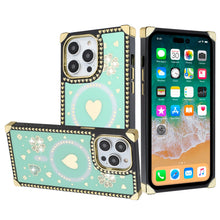 For iPhone 13 Pro Max Case Magnetic Ring Heart Studded Bling Square Cover