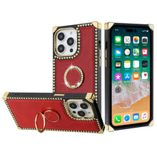 For iPhone 13 Pro Max Case Vegan Leather Square Cover with Bling Ring Stand