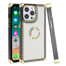 For iPhone 13 Pro Max Case Vegan Leather Square Cover with Bling Ring Stand