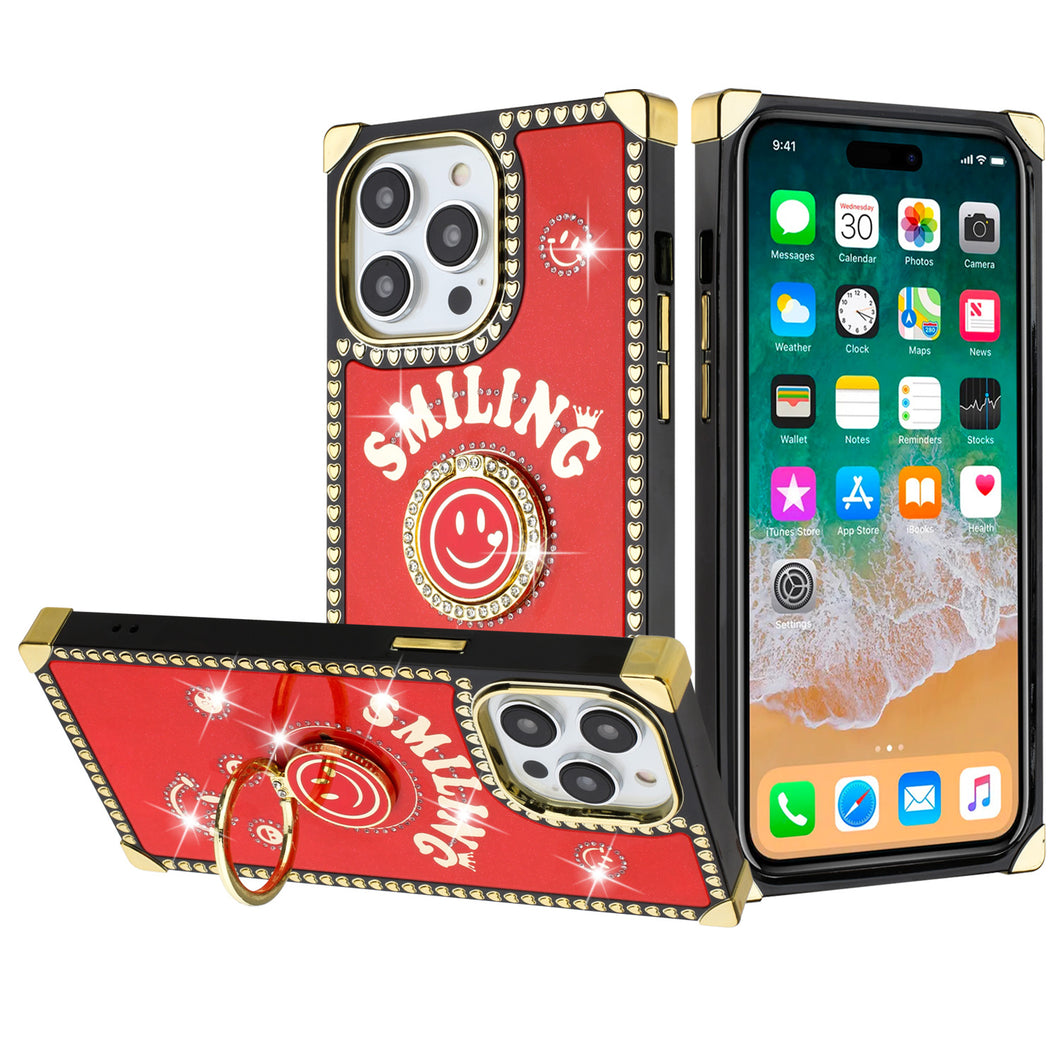 For iPhone 15 PRO Case Smiling Bling Ring Stand Phone Cover + 2 Tempered Glass