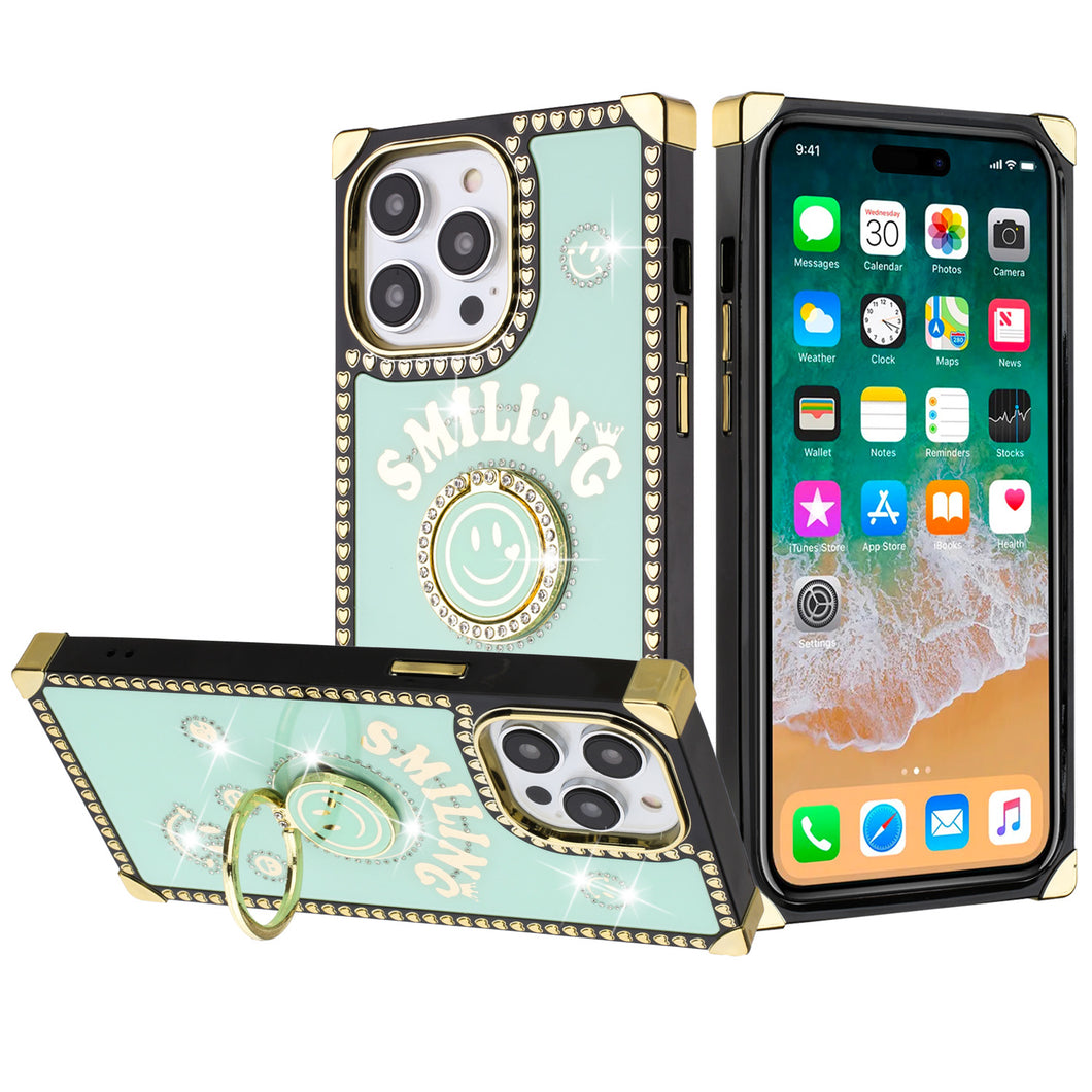 For iPhone 15 PRO Case Smiling Bling Ring Stand Phone Cover + 2 Tempered Glass