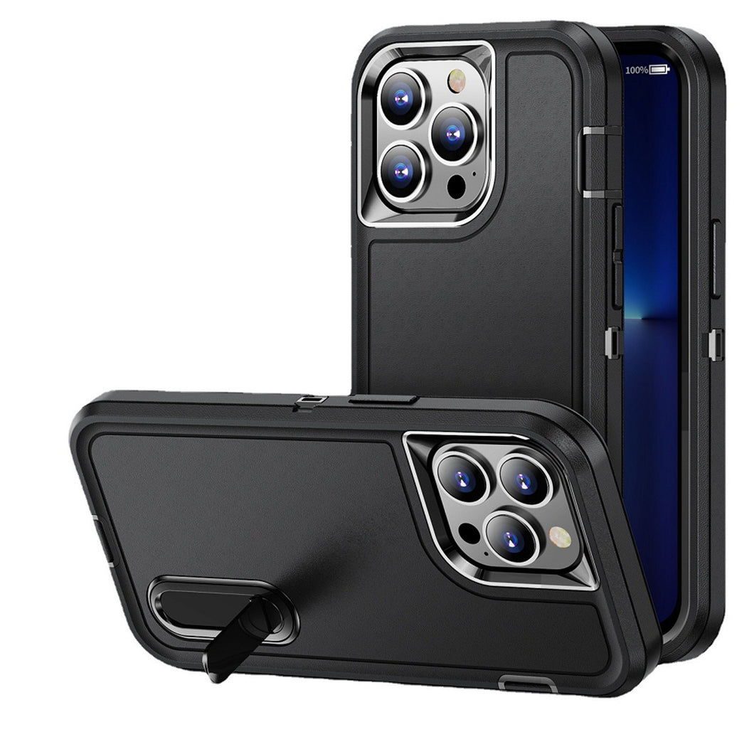 For iPhone 13/14 Case Heavy-Duty 3in1 Tough Cover Built-in Stand +Tempered Glass
