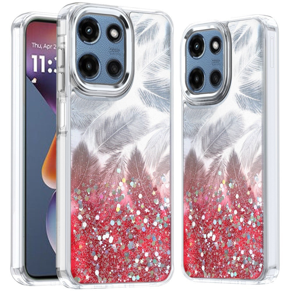 For Moto G 2025 Case Feathers Glitter Epoxy Cute Phone Cover + Tempered Glass