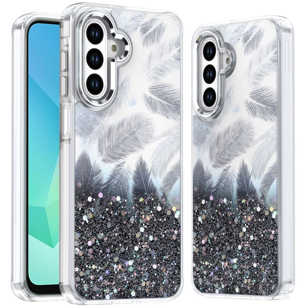 For Samsung A16 5G Case Feathers Glitter Epoxy Cute Phone Cover + Tempered Glass