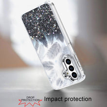 For Samsung A16 5G Case Feathers Glitter Epoxy Cute Phone Cover + Tempered Glass