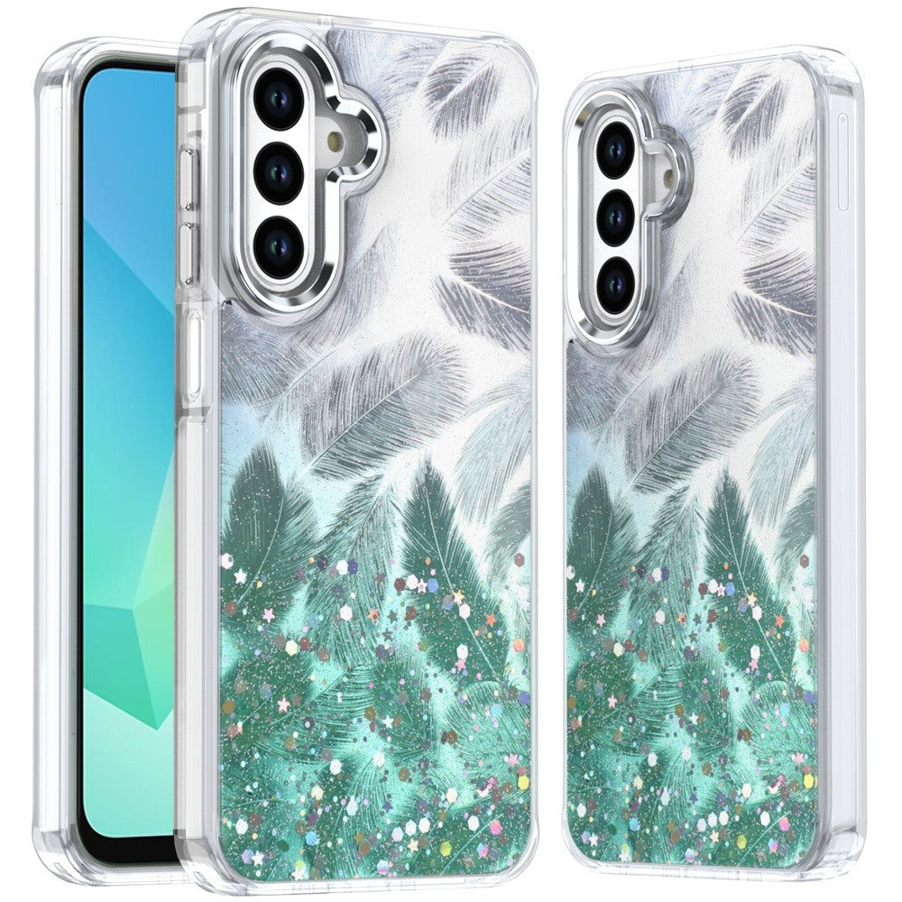 For Samsung A16 5G Case Feathers Glitter Epoxy Cute Phone Cover + Tempered Glass