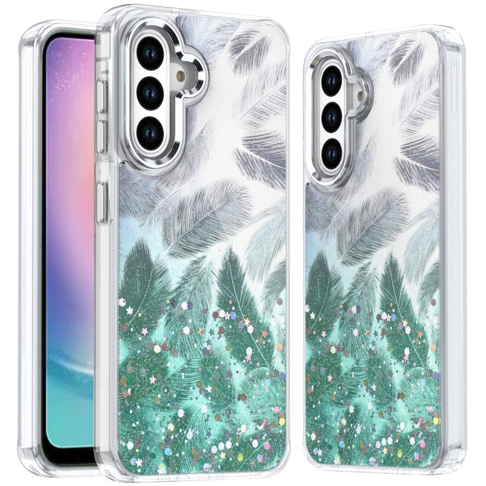 For Samsung A26 5G Case Feathers Glitter Epoxy Phone Cover + Tempered Glass