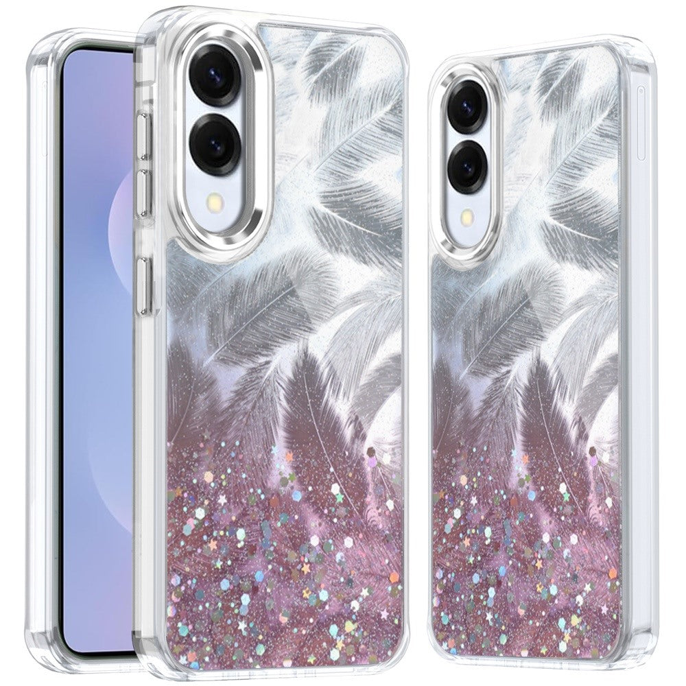 For Samsung S25 Edge Case Feathers Glitter Epoxy Phone Cover + Tempered Glass