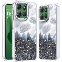 For Moto G Power 2025 Case Feathers Glitter Epoxy Cute Cover + Tempered Glass