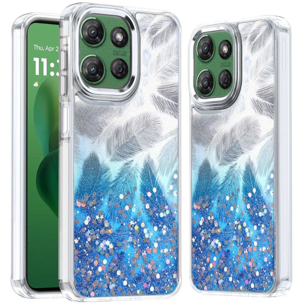 For Moto G Power 2025 Case Feathers Glitter Epoxy Cute Cover + Tempered Glass