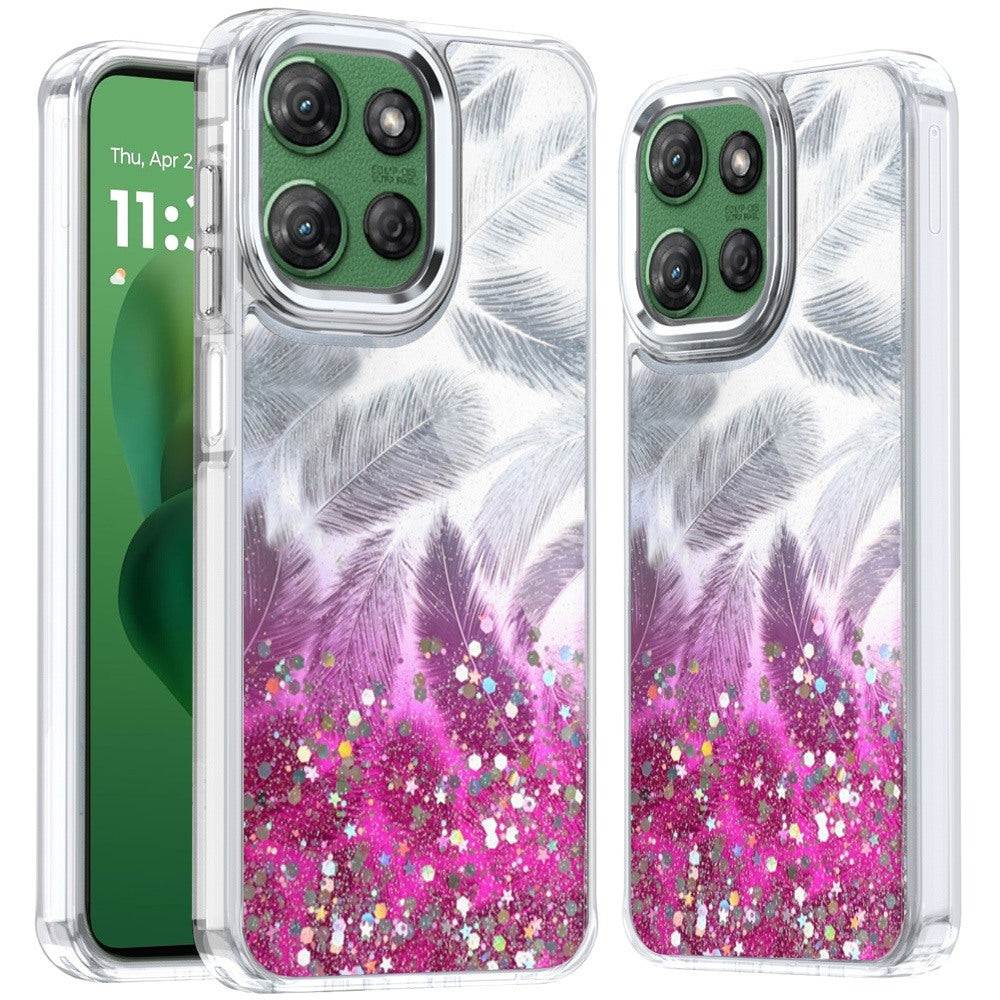 For Moto G Power 2025 Case Feathers Glitter Epoxy Cute Cover + Tempered Glass