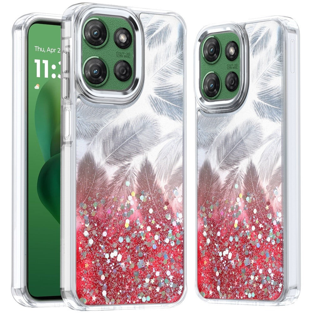 For Moto G Power 2025 Case Feathers Glitter Epoxy Cute Cover + Tempered Glass