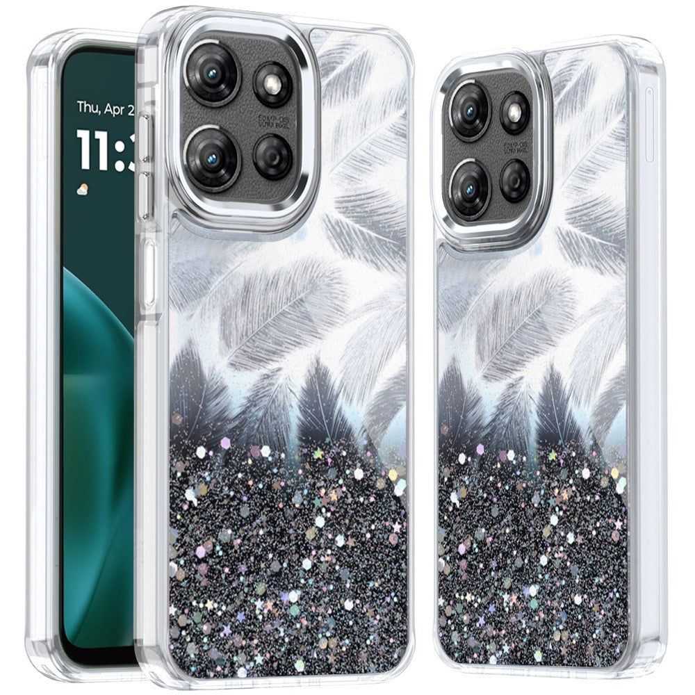 For Moto G Stylus 2025 Case Feathers Glitter Epoxy Phone Cover + Tempered Glass
